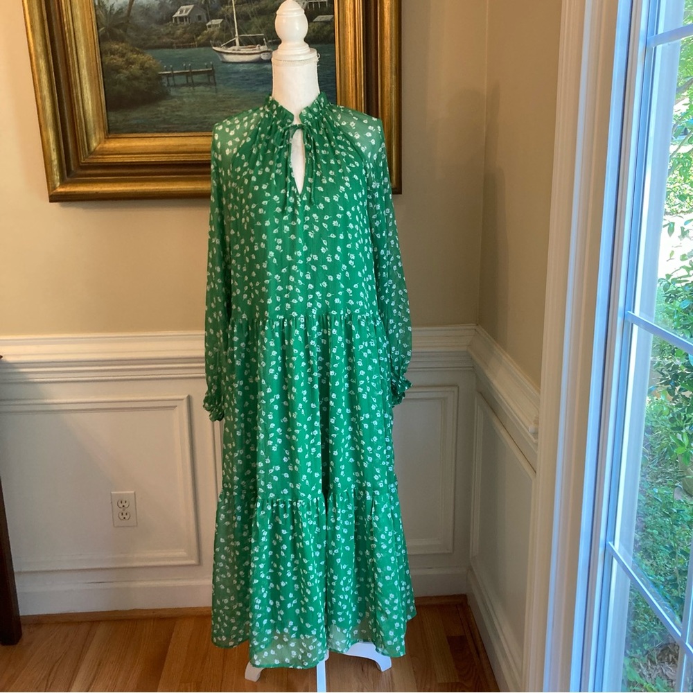 H&M Green White Ditsy Floral Print Long Sleeve Midi Dress - Picture 9 of 9